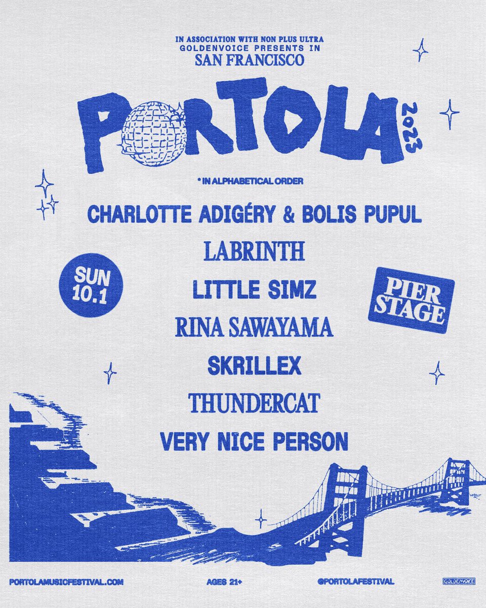 PortolaFestival's tweet photo. Hear ye hear ye… we present this year’s Pier Stage lineup. Plus surprise appearances from the SF skyline and ~maybe~ our city’s very own @karlthefog https://t.co/eUgY6gZpQ3