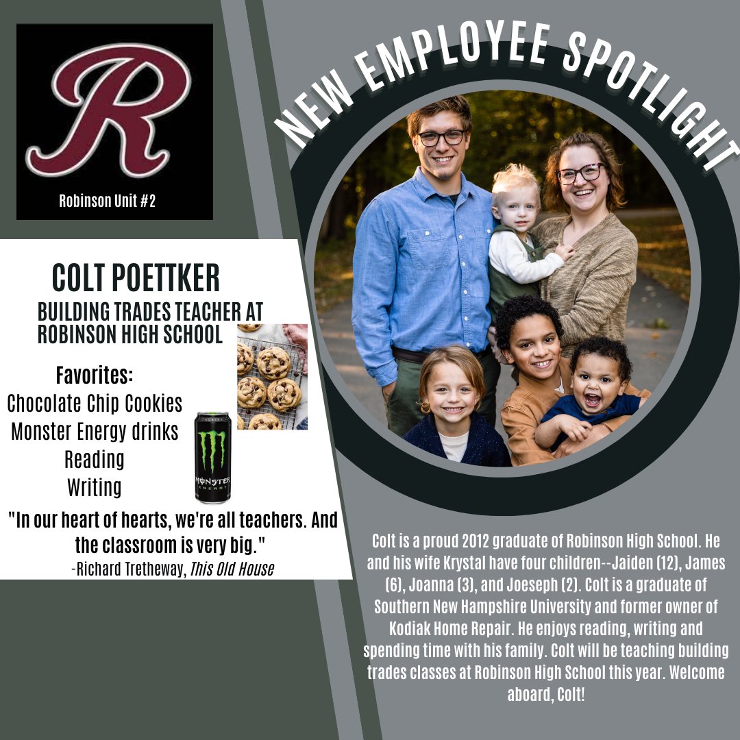 Please welcome Mr. Colt Poettker, our new Building Trades teacher at Robinson High School!