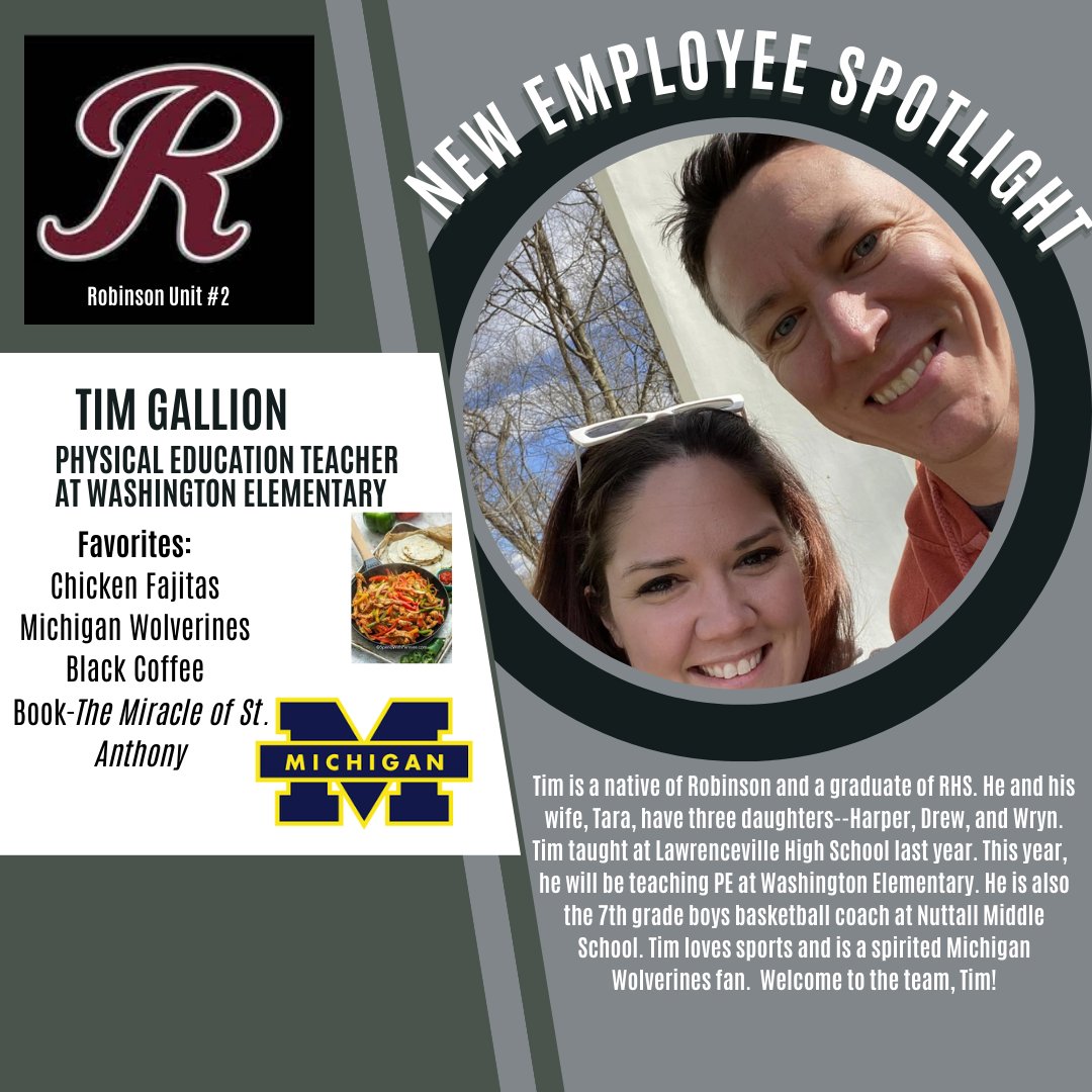 Please welcome, Mr. Tim Gallion, our new Physical Education teacher at Washington Elementary School!