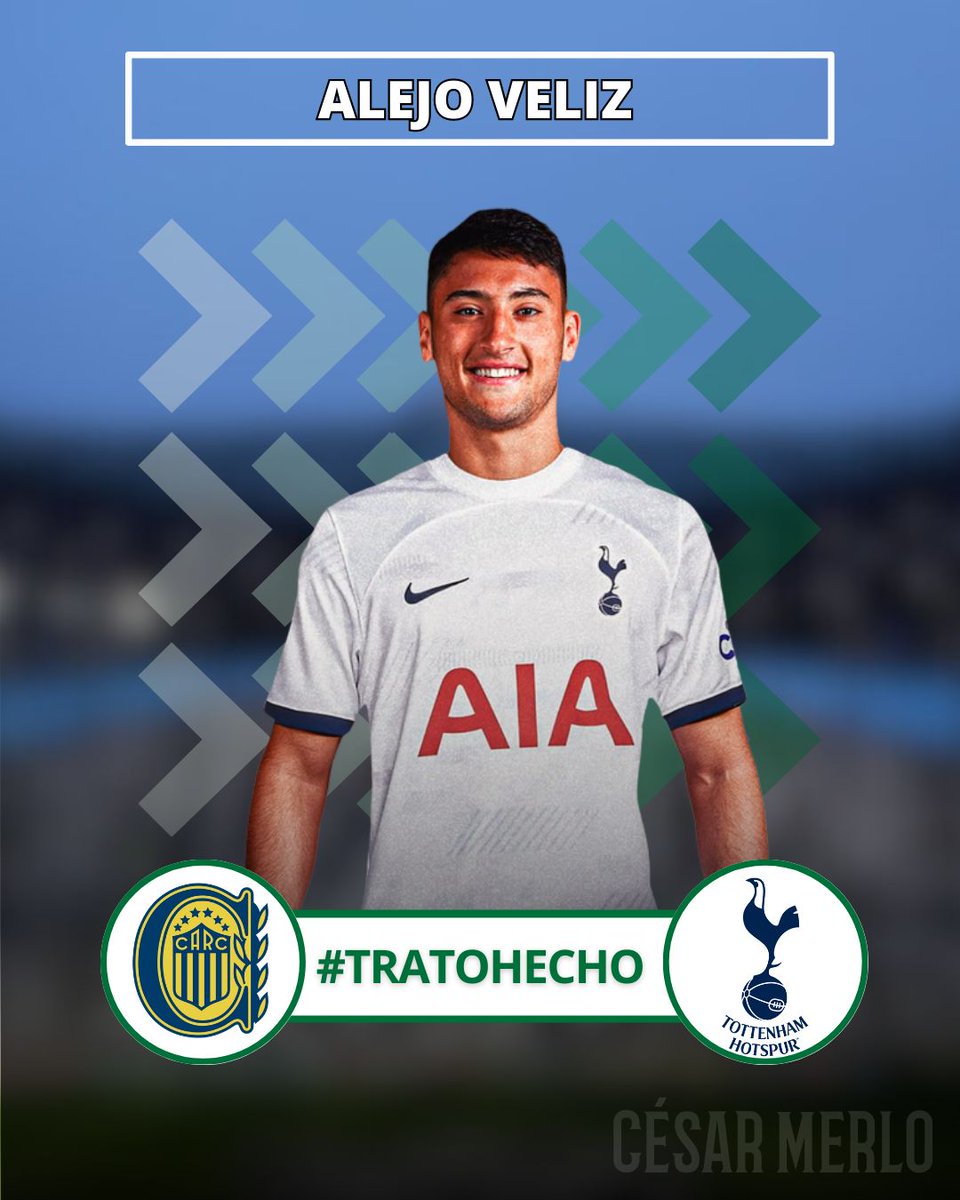 CLMerlo's tweet photo. 🚨[EXCLUSIVO] Alejo Véliz es nuevo refuerzo del Tottenham Hotspur: la operación está firmada con Rosario Central. 
*️⃣El futbolista se marca a cambio de u$s 17M más 6M en bonos y el 10% de una futura venta. En los próximos días, viajará para firmar por 5 años. #TratoHecho https://t.co/wjDNh4KoSO