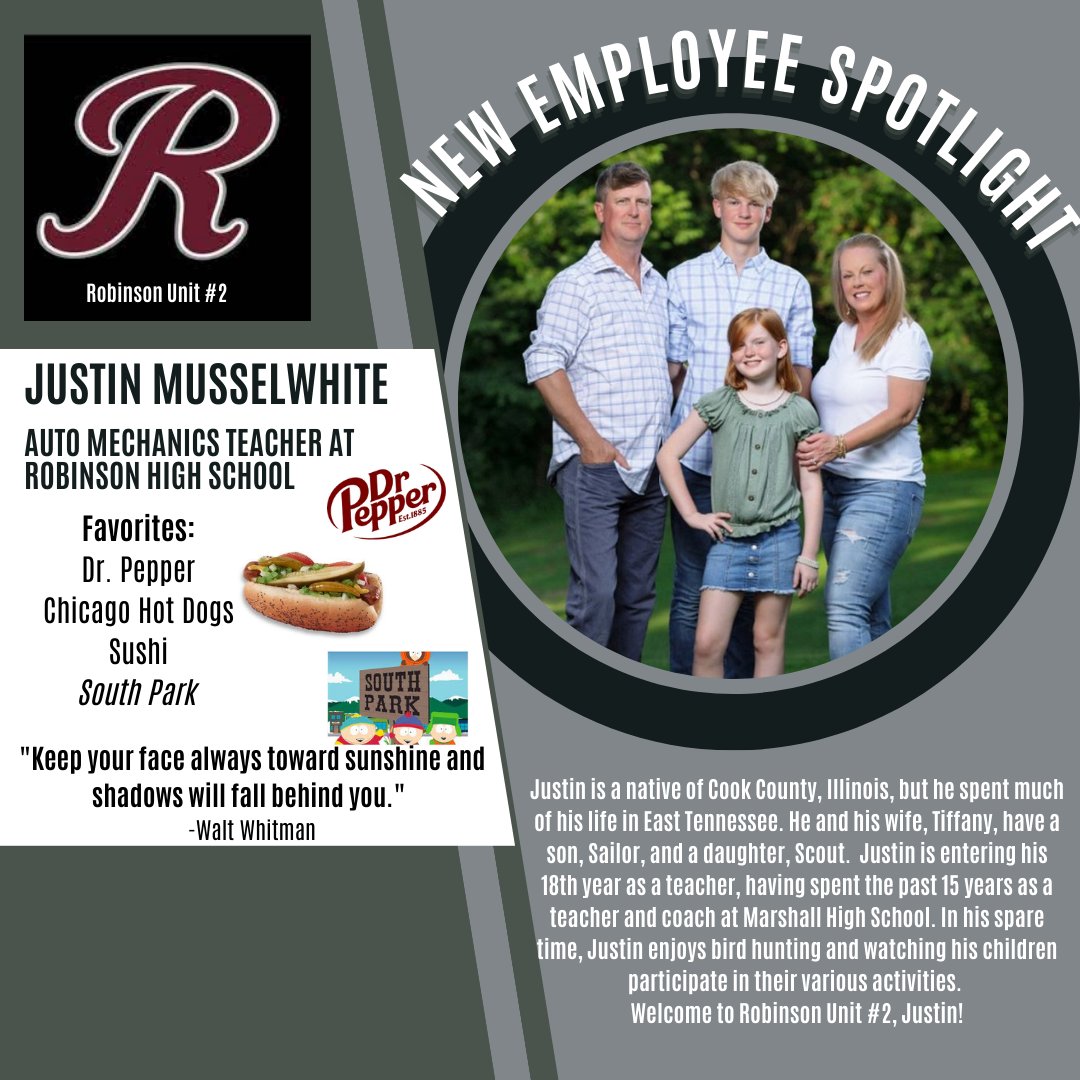 Please welcome Mr. Justin Musselwhite, our new Auto Mechanics teacher at Robinson High School.