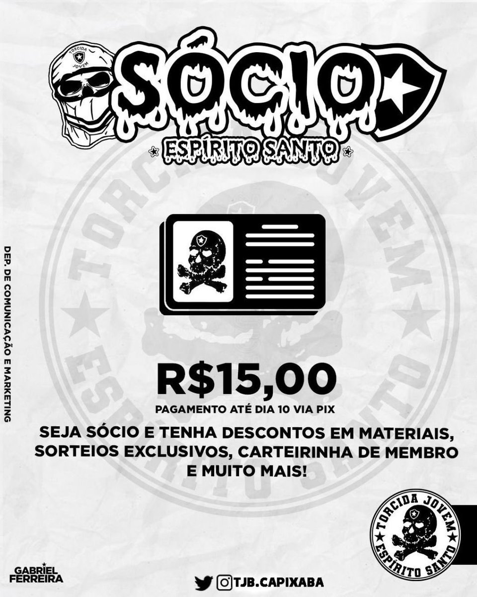 Venha fazer parte desse projeto, seja um sócio do Esquadrão Capixaba.

💵R$15,00/mês
💵R$150,00/ano
💰R$5,00 Na adesão pra criação da carteirinha

➡️ Estaremos a disposição na subsede todo dia de jogo para adesão do sócio.

⚠️ Mais informações via DM. ⚠️ 
Somos <a href="/jovemdobotafogo/">TJB - Torcida Jovem</a>