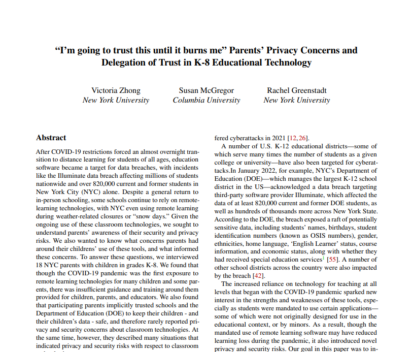 Super happy to share that our paper: "I'm going to trust this until it burns me" will be presented at <a href="/USENIXSecurity/">USENIX Security</a> next week! Work done with: <a href="/ragreens/">Rachel Greenstadt</a> and <a href="/SusanEMcG/">Susan E. McGregor</a> 

Stop by Platinum Salon 5 on📅August 11th @ 9AM !! 

#usesec23 

usenix.org/conference/use…
