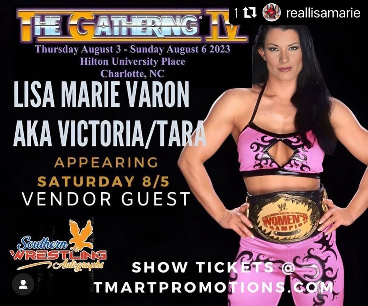 REALLiSAMARiE's tweet photo. SATURDAY ONLY
I’m excited to see you all! #Repost @psychovaron_ with @use.repost
・・・
On August 6th come meet @reallisamarie at the Hilton university place in NC. At 8/5c.
#LisaMarieVaron #Victoria #AllTheThingsSheSaid #AintTheLadyToMessWith #WWEVictoria #WWE #TNA #ImpactWrestling #Tara #Broken #7xChampion #TNAKnockout #WidowsPeak #WidowsPeakFreak #SupportWomensWrestling #GAWTV