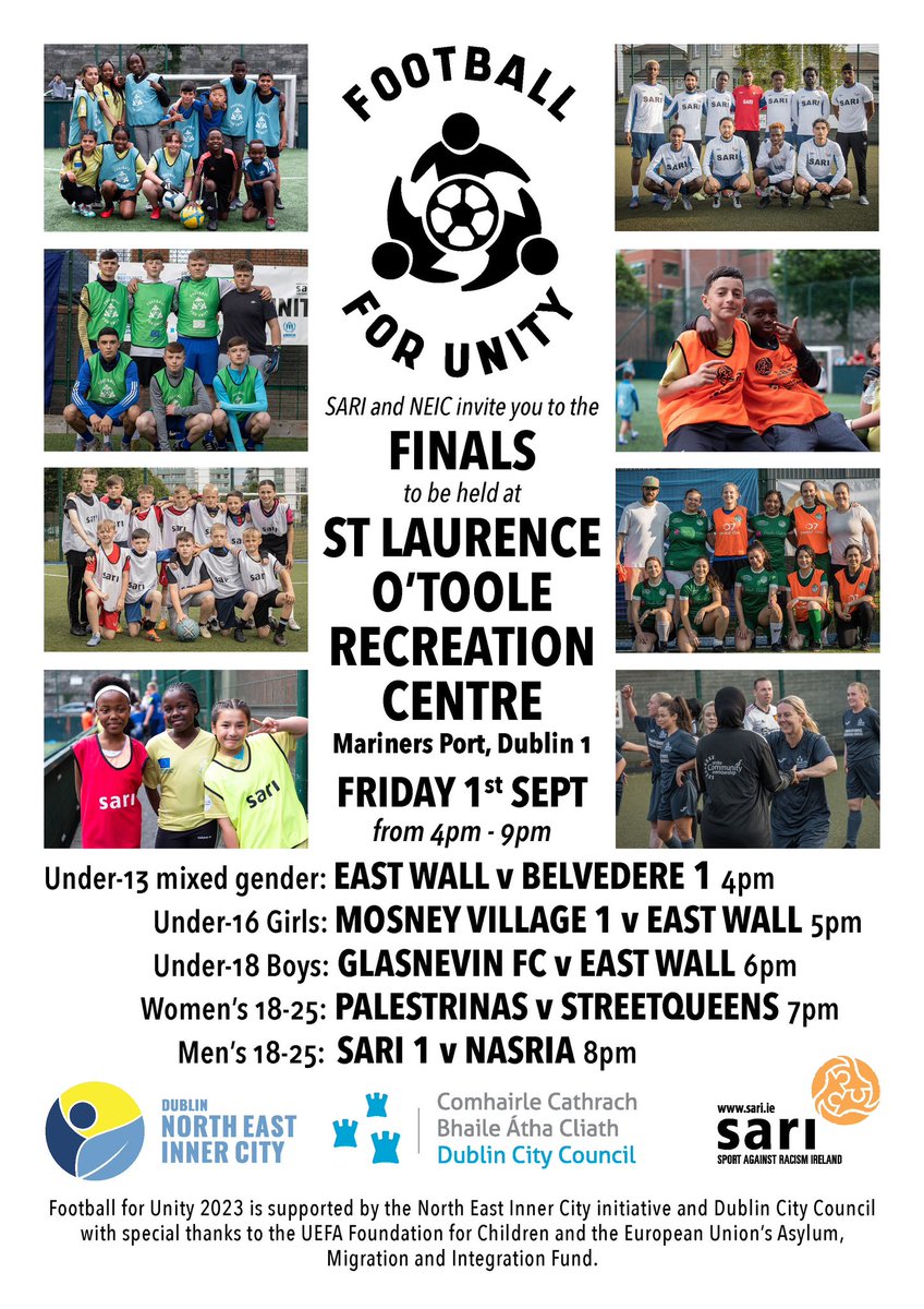The #SARI #NEIC #FOOTBALLFORUNITY Finals have been rescheduled for Friday 1st September. Five finals will be played on the day. Venue: St Laurence O’Toole Recreation Centre, Mariners Port, Dublin 1. All welcome.
<a href="/NEIC_Dublin/">NEIC</a> <a href="/DubCityCouncil/">Dublin City Council</a> <a href="/FAIreland/">FAIreland</a>