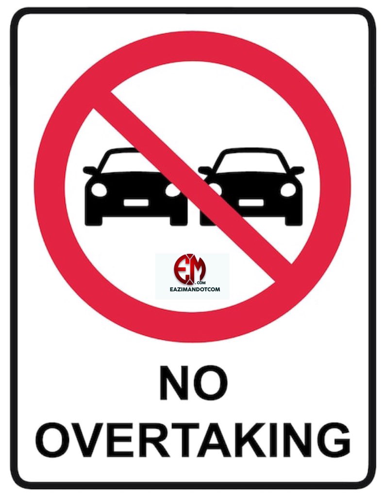 EAZIMANDOTCOM's tweet photo. The NO OVERTAKING sign is circular with a red border meaning that it is giving drivers an order. As the no overtaking sign is regulatory, it is illegal to overtake. The no overtaking restriction ends when the lines in the road change from a continuous white line, to a broken line https://t.co/iJWJytzMr6