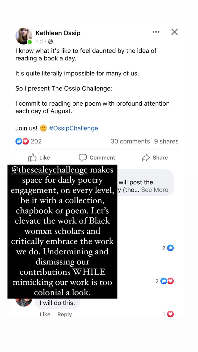 <a href="/SealeyChallenge/">The Sealey Challenge</a>  makes space for daily poetry engagement, on every level, be it with a collection, chapbook or poem. Let’s elevate the work of Black womxn scholars and critically embrace the work we do. Undermining and dismissing our contributions WHILE mimicking our work is…