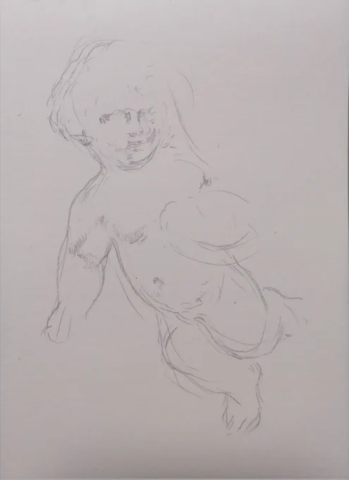 2023 A6クロッキー帳に鉛筆【Giuseppe Bessi作「ヴィーナスと天使」のレプリカ部分の素描プロセス】 12分、19分、29分、1時間(終了) ●石膏デッサン・既成の像 は その題材と造形性、光よる陰影。例えば既に曲(歌詞付き)が出来上がっている。譜面通りの演奏も難しいが、演奏と歌唱に技術と個性が出る。