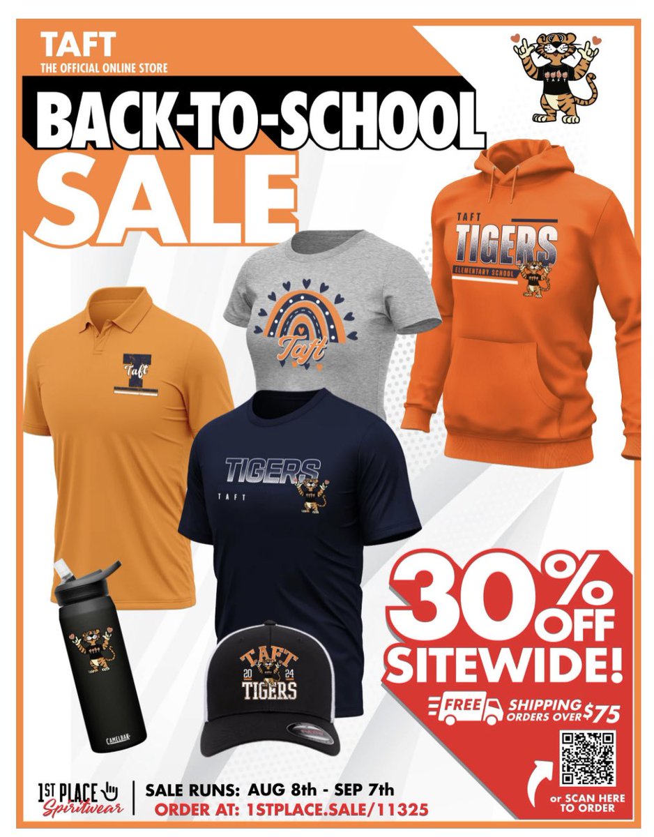 Looking to purchase some new Taft spiritwear? The Back-to-School runs August 8th - September 7th
30% off all merchandise and free shipping over $75 Link is in the bio #tafttigers nam04.safelinks.protection.outlook.com/?url=http%3A%2…