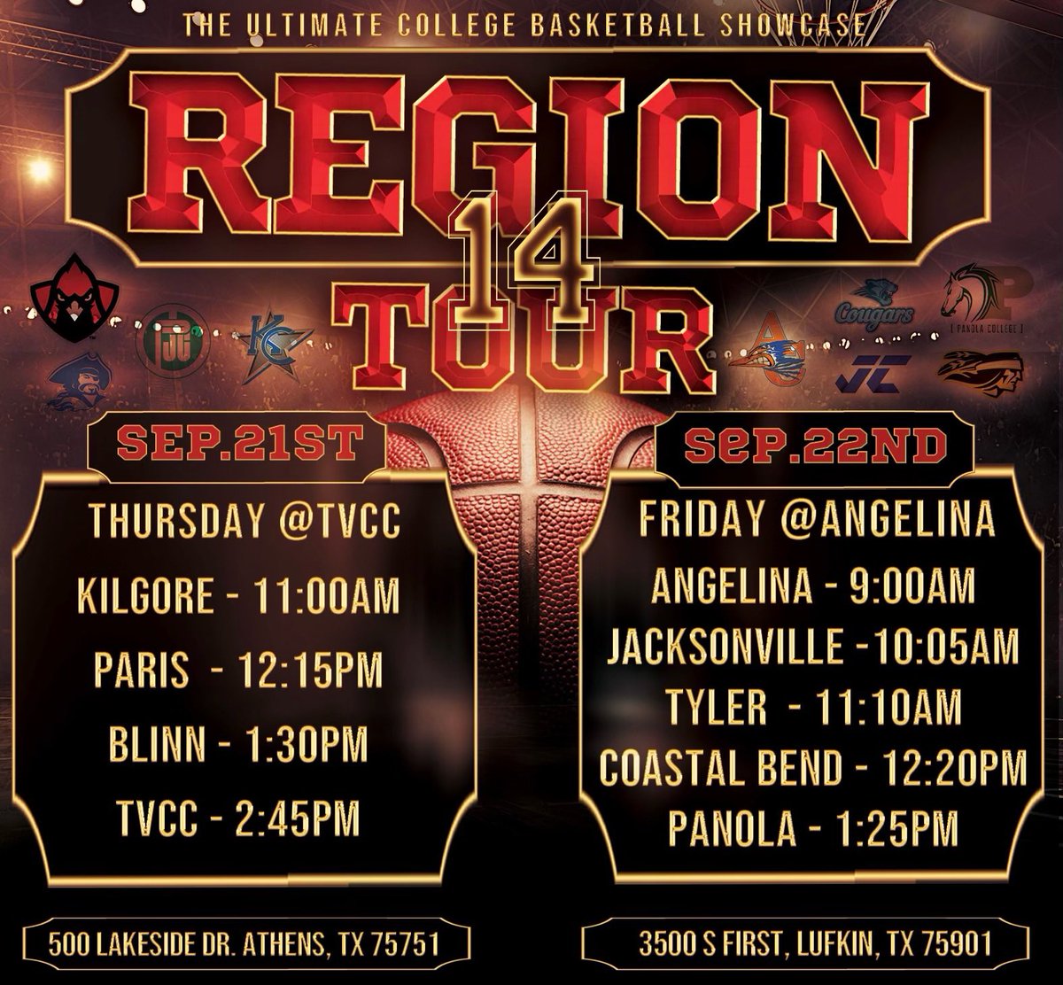 Come join us for the Region XIV Practice Tour! All 9 of our programs will convene on the campuses of TVCC (Sept 21st) and Angelina (Sept 22nd) to give coaches a first look at what we have to offer. Please contact Coach Ivy and Coach Coleman to confirm your attendance!