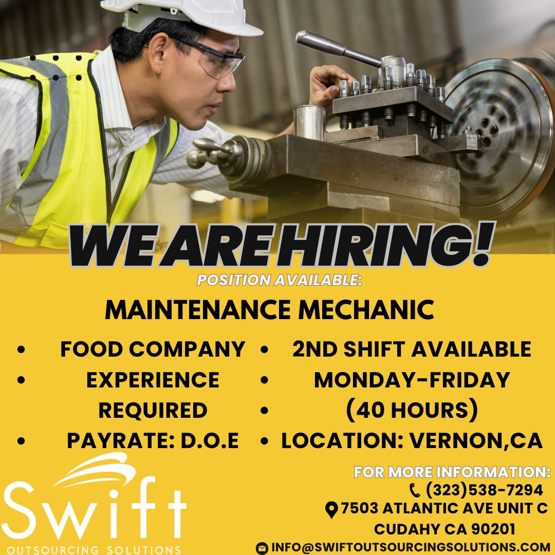 WE ARE HIRING MAINTENANCE MECHANIC!!
#WALKINANDAPPLY #LOOKINGFORAJOB #SOS #SWIFTOUTSOURCINGSOLUTONS #EXPERIENCEREQUIRED #APPLYNOW #FYP #MAINTENANCEMECHANIC #LOSANGELES #FOODCOMPANY