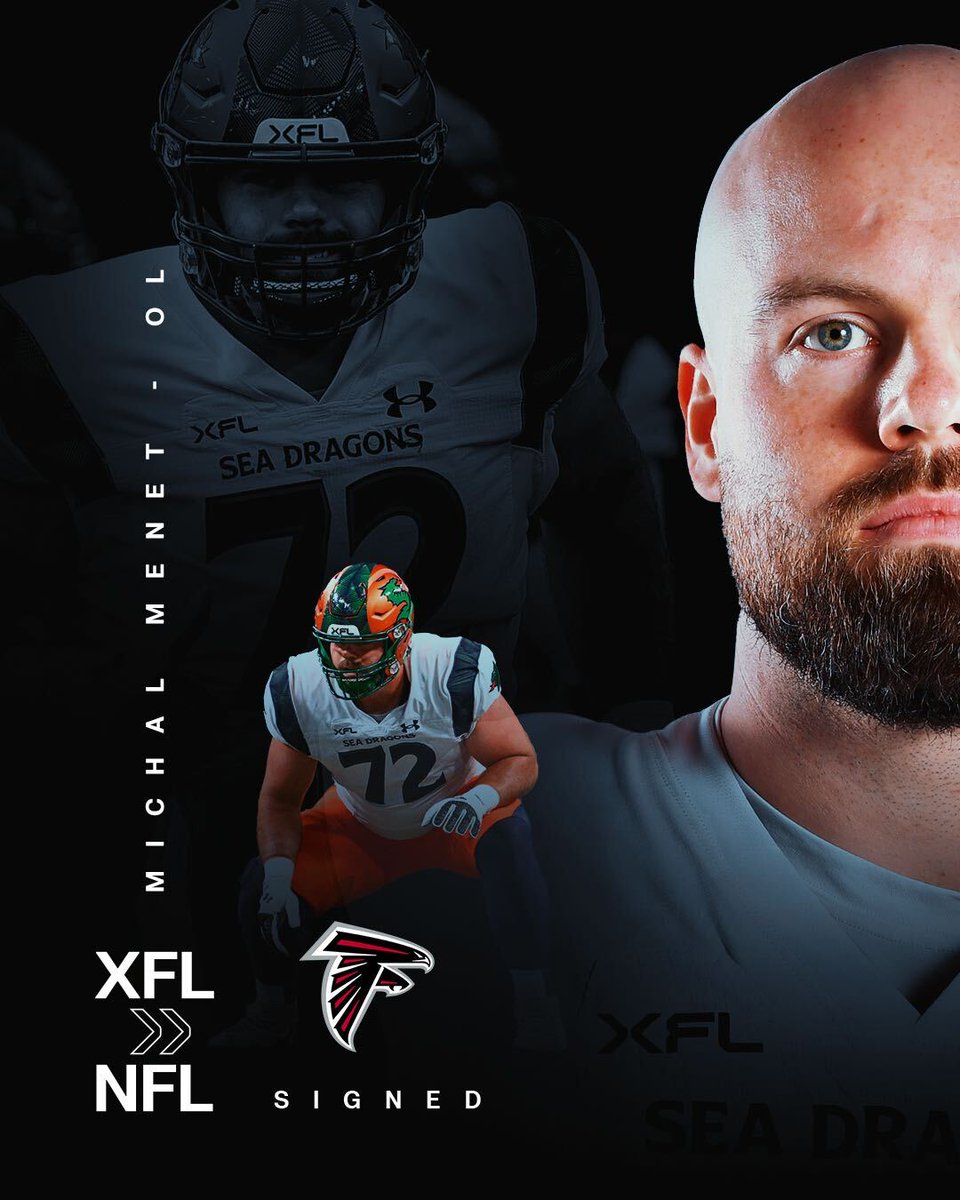 TheUFL's tweet photo. Michal Menet of the @XFLSeaDragons signs NFL contract with the @AtlantaFalcons.

#XFLtoNFL | #XFL https://t.co/iILSfiJtQn