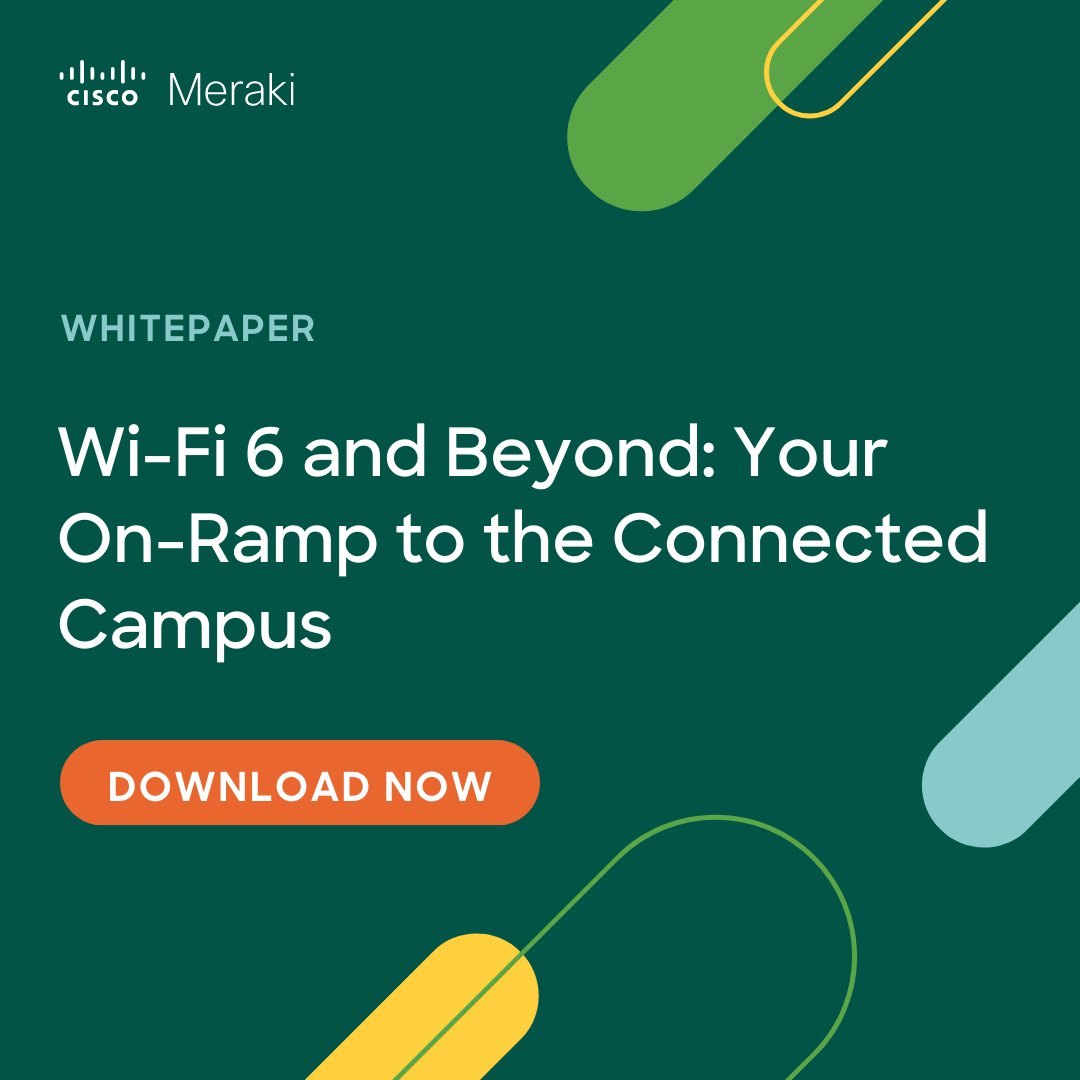 meraki's tweet photo. Discover how Wi-Fi 6 and Wi-Fi 6E remove many of the congestion, density, and security roadblocks that often hinder a truly connected campus.
Get our free whitepaper β¬οΈ
https://t.co/sSeRz6RT2A
#HigherEducation #HigherEd #ConnectedCampus #WiFi #Networking https://t.co/JnHxXfMPI0