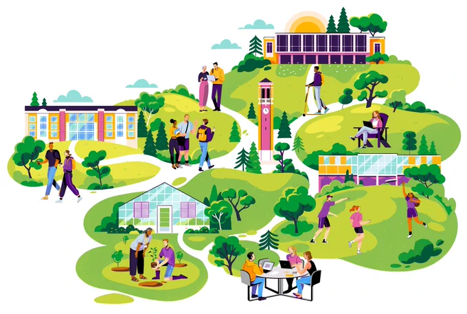 A big double page map illo for the team at  ! Focusing on how lovely and walkable the campus is 