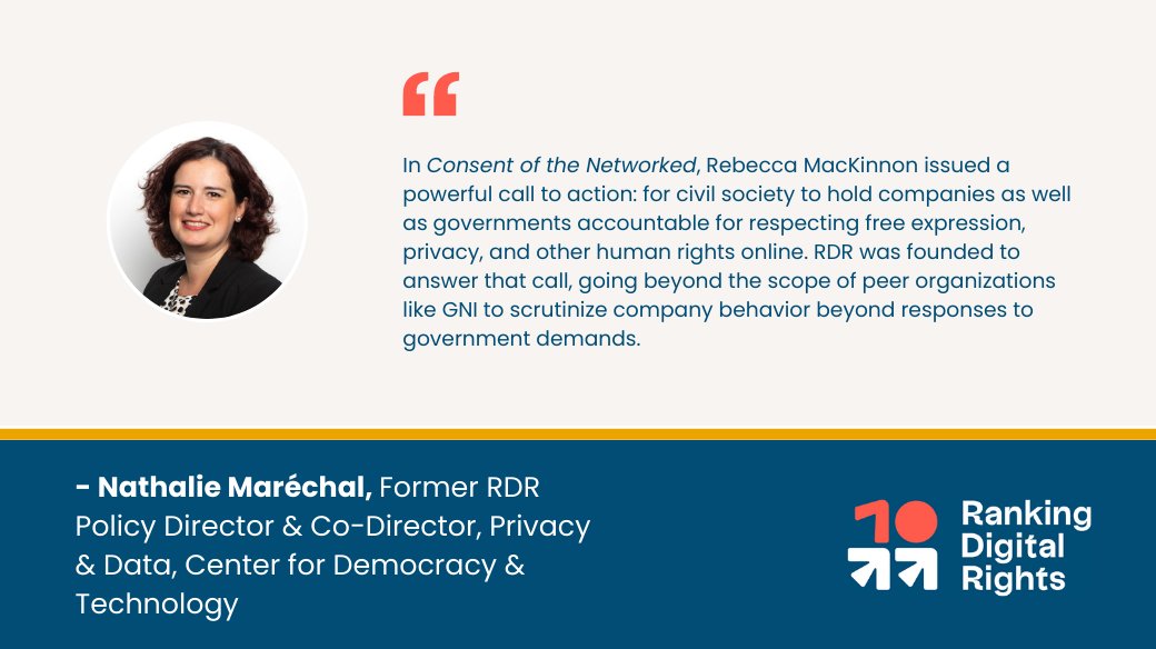 rankingrights's tweet photo. A year before creating @rankingrights, @rmack urged civil society to hold companies and governments accountable for respecting human rights online in #ConsentOfTheNetworked. As RDR alumna @MarechalPhD observed, “RDR was founded to answer that call.” #RDR10 https://t.co/NKANzGj0ik https://t.co/DhKoBGtgLD