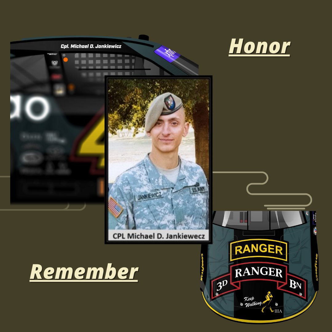 TheMondoGroup's tweet photo. This race weekend, we remember fallen officer Cpl. Michael D. Jankiewicz and honor his, and all veterans', service. @JEarnhardt1 and the Mondo car pay tribute to Jankiewicz and Co A, 3rd Battalion, 75th Ranger Regiment. We are forever grateful to all veterans. https://t.co/6hMJ1AT58h