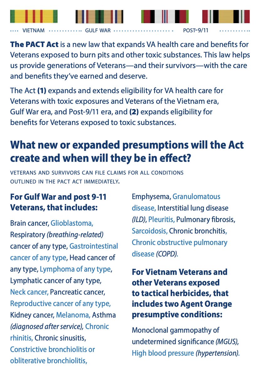U.S. Military Veterans: The deadline to register for PACT Act benefits and receive backdated benefits due to burn pit and other service-connected environmental exposures is Aug 9 (next week).

Even after that date, you should file for benefits if you match any below conditions 👇