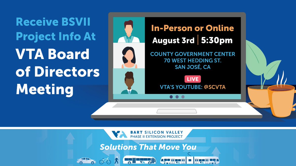 vtabsv2's tweet image. Tune in to the upcoming VTA Board of Directors meeting Thursday, August 3rd, at 5:30 pm, for VTA’s BSVII project updates! For more info and to attend the meeting, please visit bit.ly/3KodHFS
.
.
.
#Hellovta #bartsiliconvalley #vtabsvii #vtabsv2