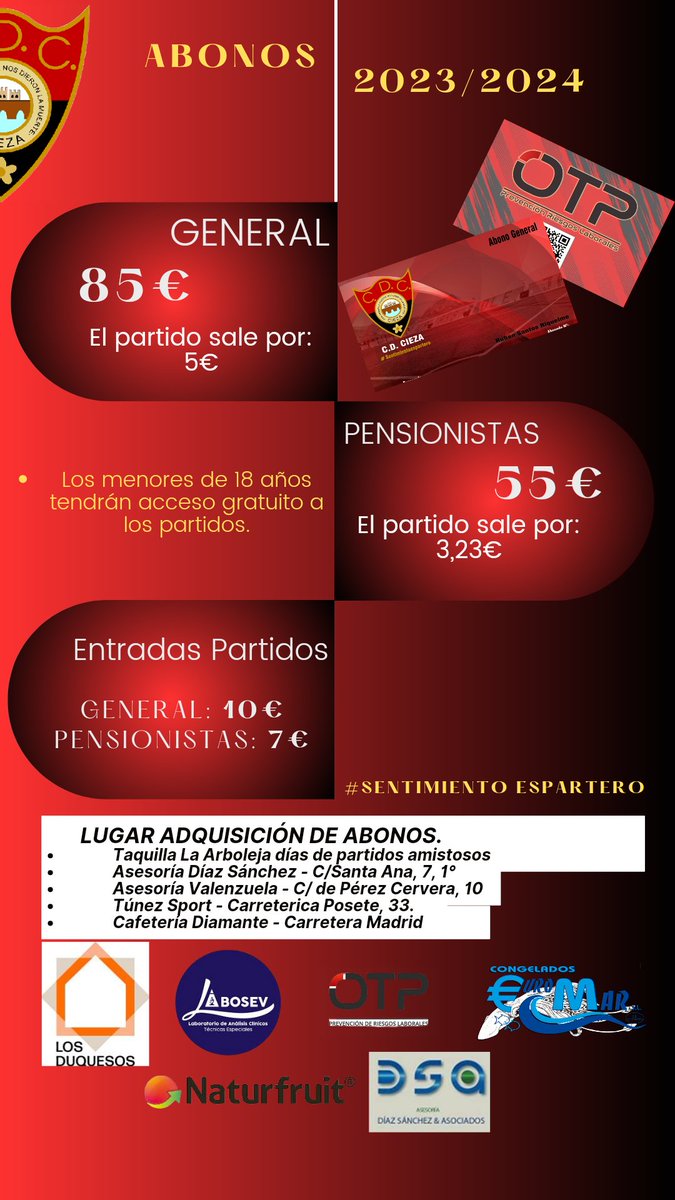 𝗔𝗕𝗢𝗡𝗢𝗦 𝟮𝟯/𝟮𝟰 ❤️🖤
𝑺𝒂𝒄𝒂 𝒕𝒖 𝑺𝒆𝒏𝒕𝒊𝒎𝒊𝒆𝒏𝒕𝒐 𝑬𝒔𝒑𝒂𝒓𝒕𝒆𝒓𝒐

Desde mañana, 4 de agosto, puedes retirar tu abono para la temporada 23/24 en los establecimientos mencionados 👇

🌟¡Abónate!🌟

#SentimientoEspartero