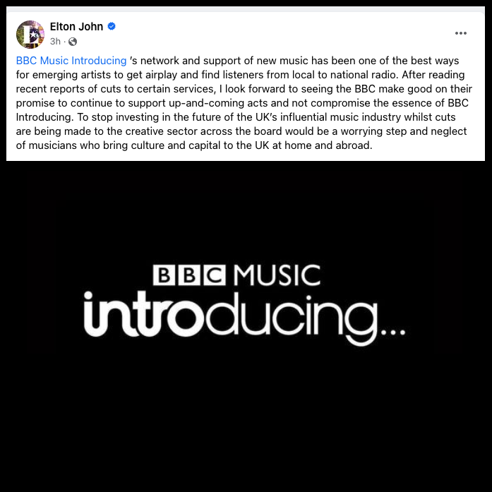 ELTON JOHN has just called for the BBC to review its planned cuts to @BBCIntroducing. See his posts on Instagram instagram.com/p/CvfCwq8MHP3 and Facebook facebook.com/EltonJohn/post…. If you agree with him see x.com/freshnet/statu… for the most effective ways you can share your views.