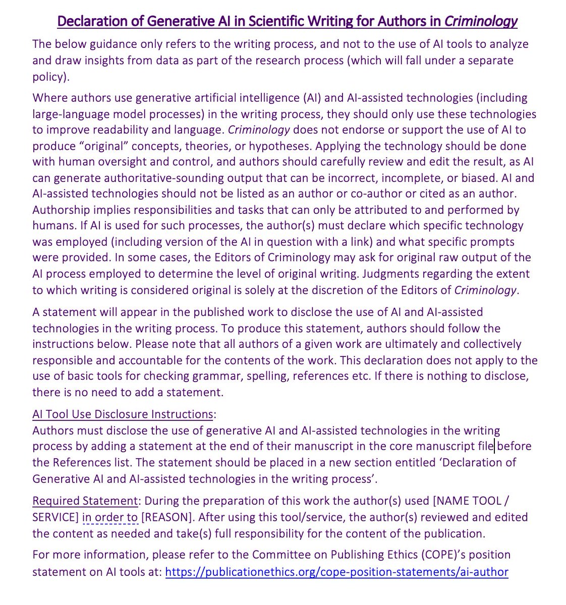 #CRIMINOLOGY announcement. We have a new policy regarding the us of #ArtificialIntelligence (AI) tools in writing for the journal. Authors, please reference this before you submit an article to us. Thanks!

@ASCRM41

#AI #CrimTwitter #AcademicTwitter #AcademicChatter