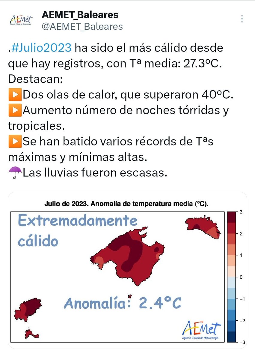 JAUMEALZAMORA's tweet photo. Els negacionistes fan befa. La realitat és dramàtica: les Illes Balears amb una anomalia de +2,4⁰C.
Mentrestant, el PP ha cedit a un negacionista la gestió mediambiental del Consell de Mallorca. https://t.co/RJH6D1Bbln