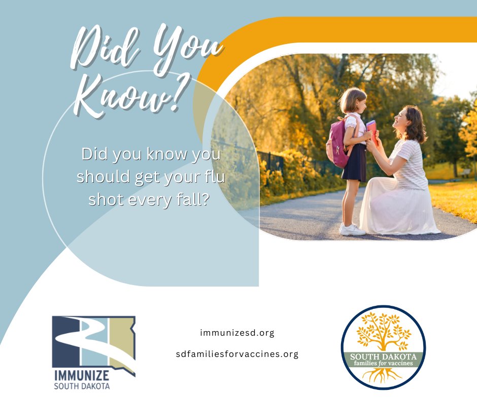 ImmunizeSD's tweet image. Did you know you should get your flu shot every fall? CDC recommends getting a flu shot every year because protection declines over time. Flu viruses are also constantly changing, so flu shots are updated yearly to provide the best protection.

#VaxYourFam #WhyIVax #NotJustTheFlu