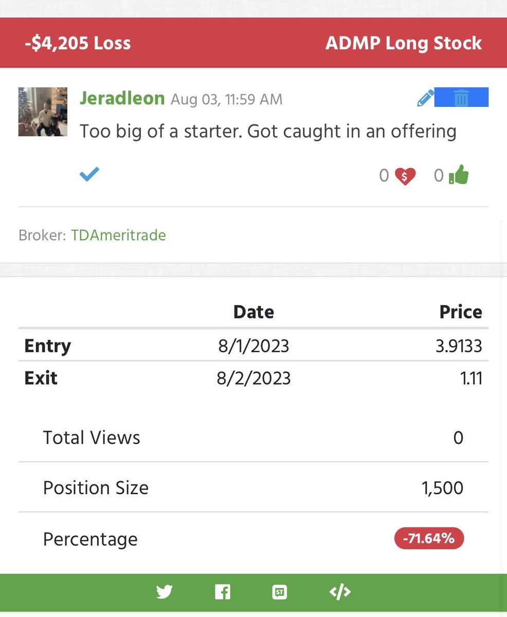 Jerad_Leon's tweet photo. After making my biggest $ gain I take my largest $ loss. To big of size for my starters. Got caught in an offering. It is what it is just have to learn from it and move on https://t.co/9lnhj5xwDc