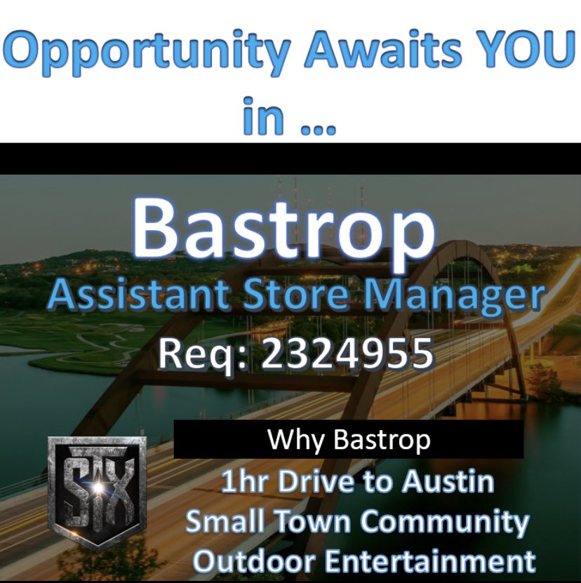 Austin is looking for a talented ASM for our Bastrop Location! If your ready to step into a leadership role and grow your career apply Today! @LuisSilva_STX <a href="/STXspeaks/">STXspeaks</a> <a href="/AntwanEavesATT/">Antwan J. Eaves</a> <a href="/luzvargas93/">Luz Vargas</a>