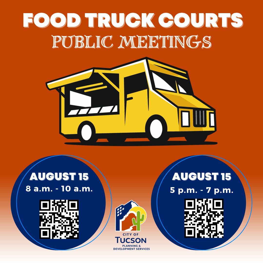 📢 <a href="/TucsonPDSD/">Tucson Planning and Development Services</a> needs your input as we begin the process of amending the <a href="/cityoftucson/">City of Tucson</a> zoning ordinance for the development of Food Truck Courts.

🗓️ Tuesday, August 15, 2023
📍 Virtual via Zoom
👉 tinyurl.com/34z7sd68 (8 a.m.)
👉 tinyurl.com/2pbhekxu (5 p.m.)