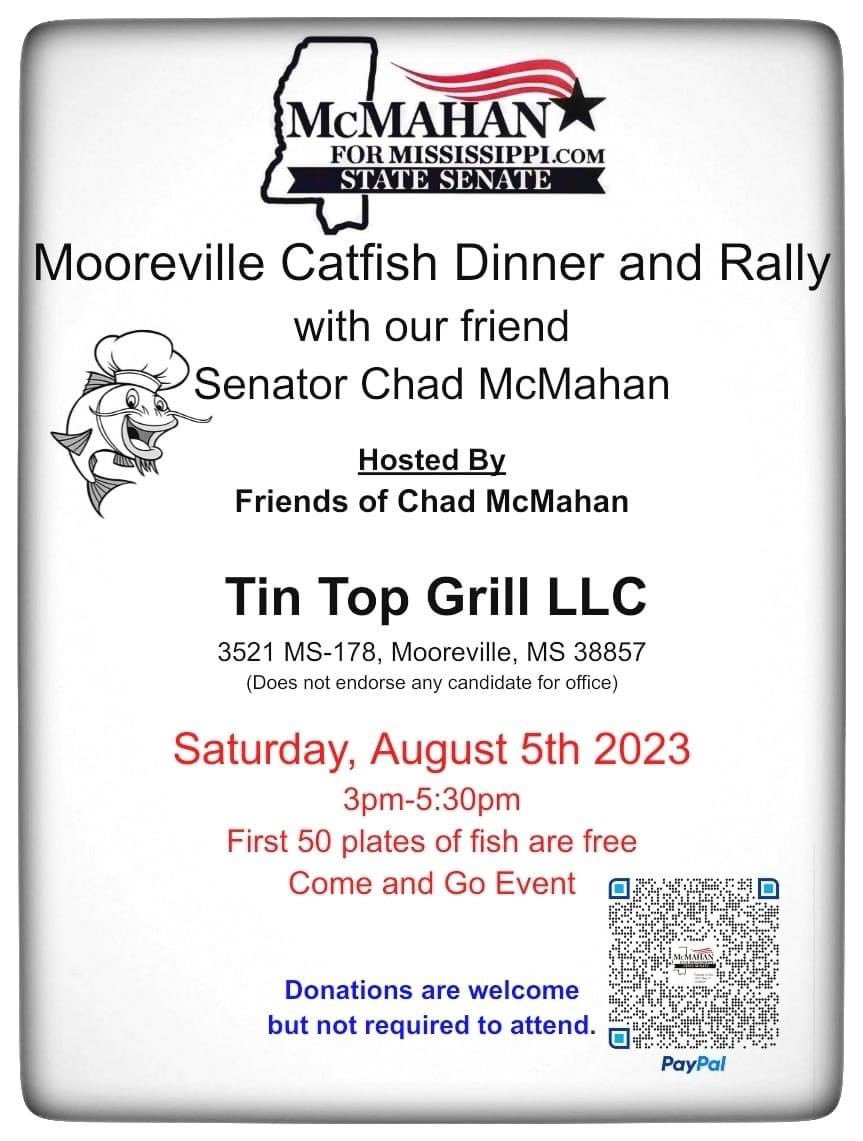 We will have a Catfish Meet and Greet in Mooreville: 
Saturday, August 5th
3pm -5:30pm
Tin Top Grill

Look forward our visit together.