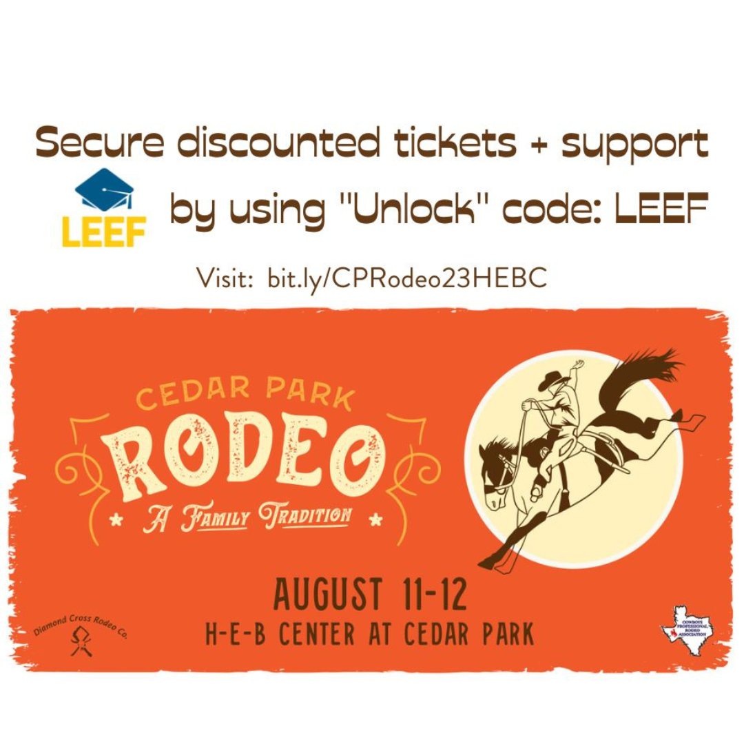 The Cedar Park Rodeo is August 11-12 at the H-E-B Center at Cedar Park! Save money and support <a href="/LEEF_TX/">Leander Educational Excellence Foundation</a> through your ticket purchase.

Secure a special discounted rate that gives back to #1LISD students and staff by using the code "LEEF".

bit.ly/CPRodeo23HEBC