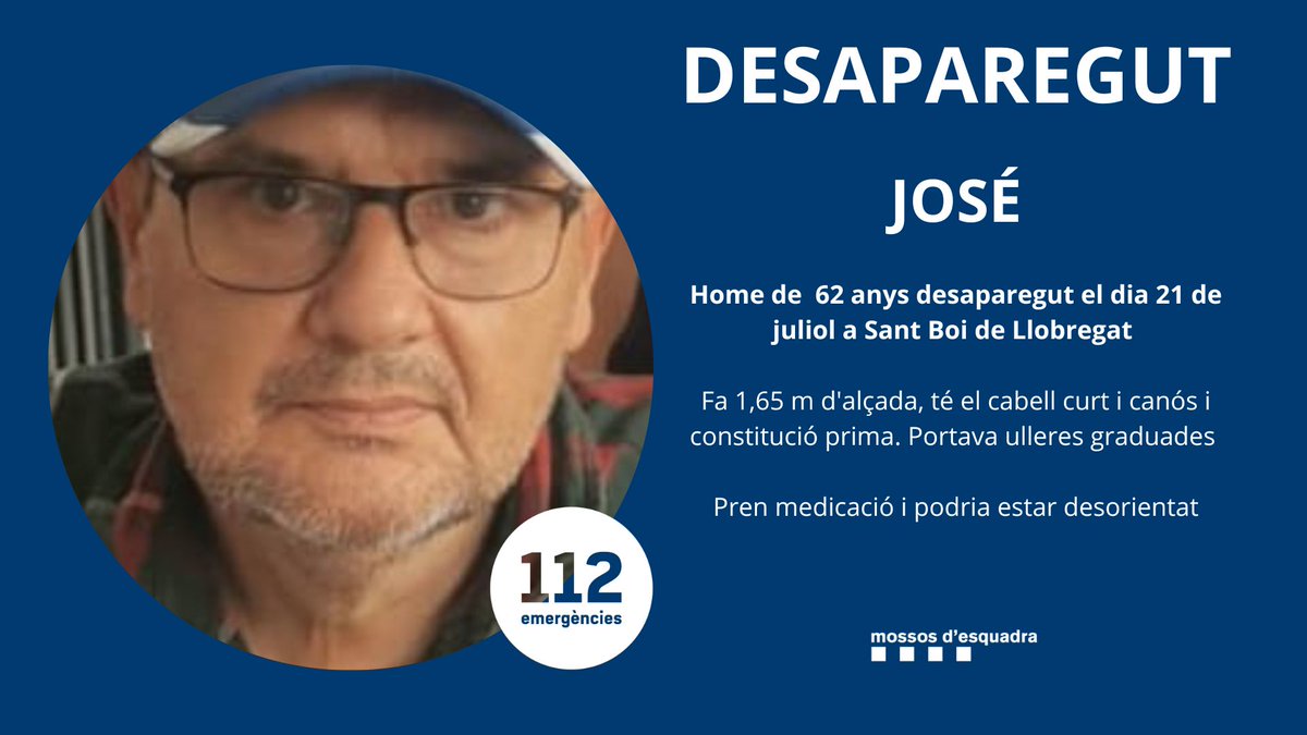 El José va desaparèixer el 21 de juliol a Sant Boi de Llobregat.  Ajuda'ns a trobar-lo
José desapareció el 21 de Julio en Sant Boi de Llobregat. Ayúdanos a encontrarlo