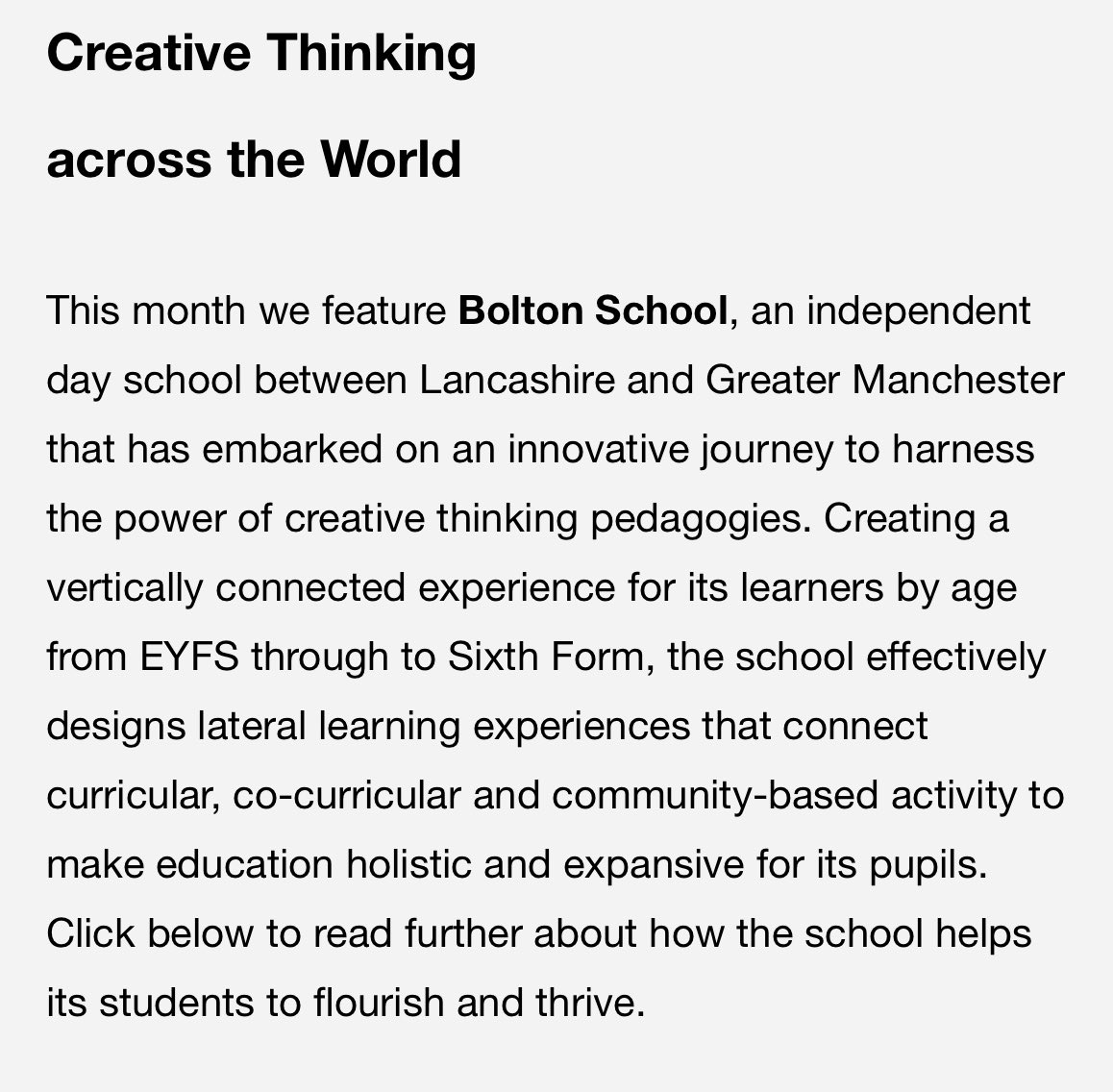 Pleased to see to our developments in creative practices @BoltonSch featured in @GIoCT_official’s summer newsletter. Read my article here: rethinkingassessment.com/rethinking-blo… and the Global Institute of Creative Thinking’s round up here: us18.campaign-archive.com/?e=b886464700&….