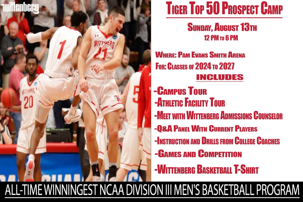 WittenbergHoops's tweet photo. A little over a week until our prospect camp and spots are filling up!
Campus and athletic facility tour, work with our staff, meet our team, and compete
Sign up today: https://t.co/7sInRJlUZL
#RunWittUs https://t.co/SXsZ1LkmEz