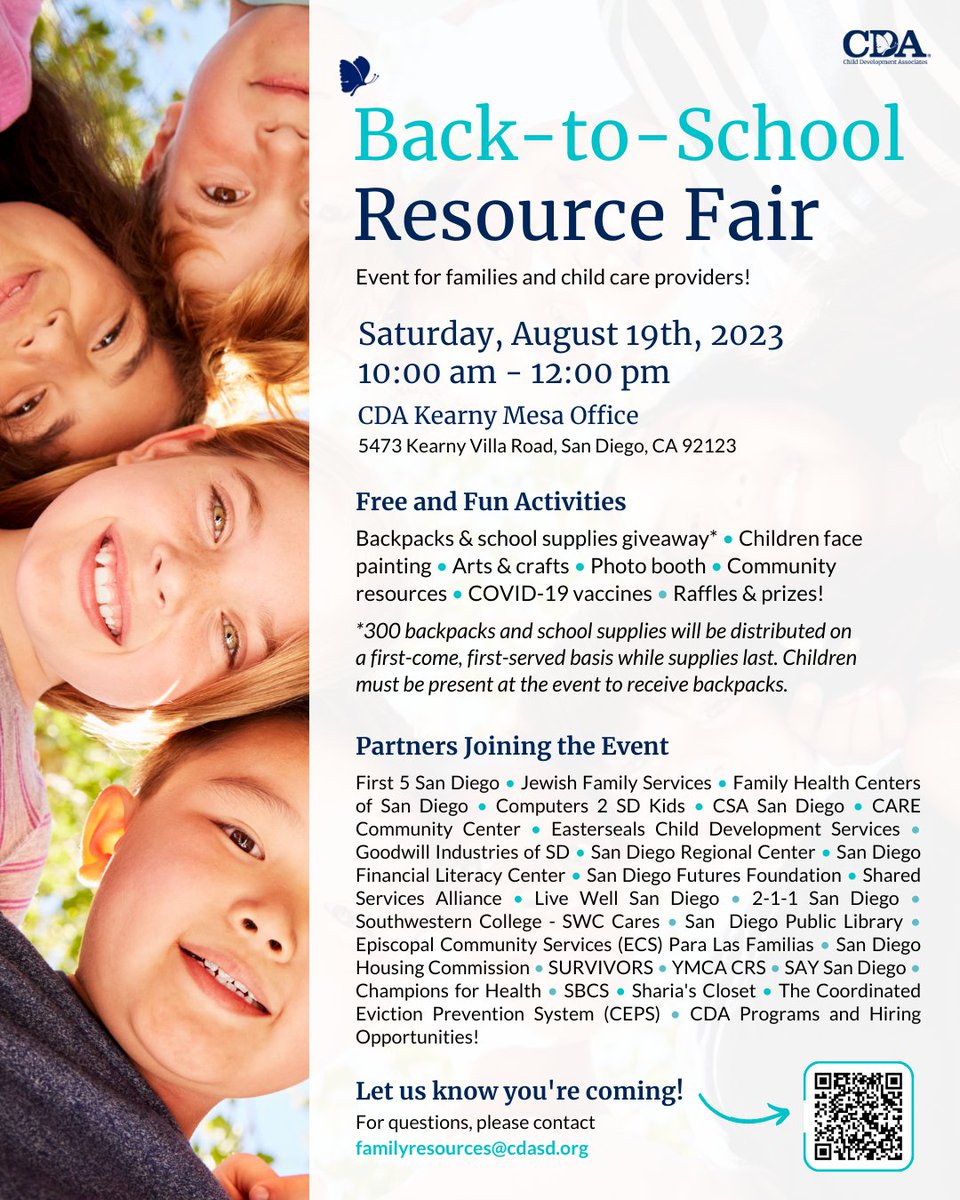 Join our back-to-school resource fair happening on August 19 from 10AM-12PM at our CDA Kearny Mesa Office. Bring your family and friends for a day of free and fun activities, including a backpack giveaway, arts &amp; crafts, community resources, and more! --> cdasd.org