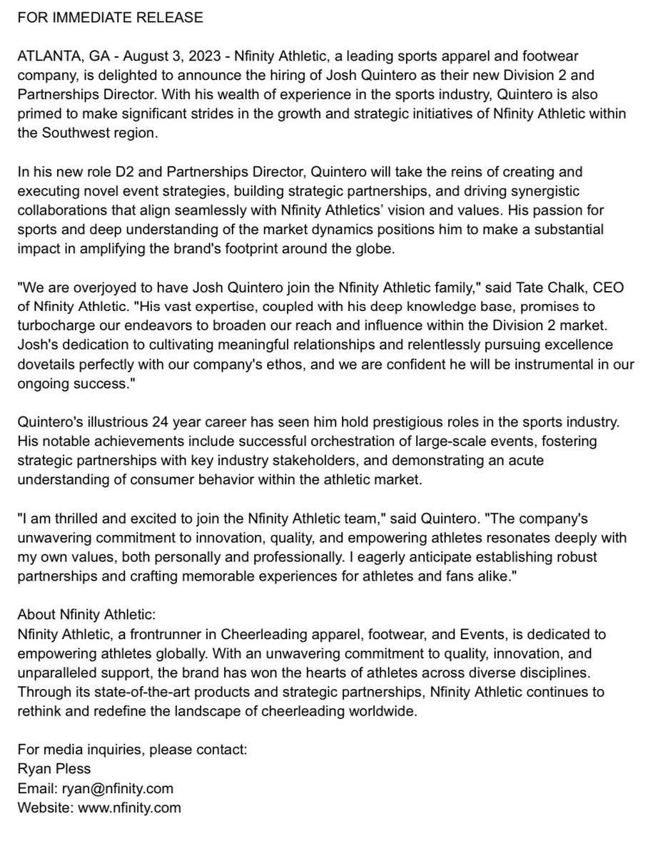 Happening Now. @Nfinity announces the immediate hiring of Josh Quintero to head D2 Initiatives & Partnerships. Quintero joins Nfinity & Championship Events having extensive background and experience in assisting with the creation of some of cheerleading’s largest events.