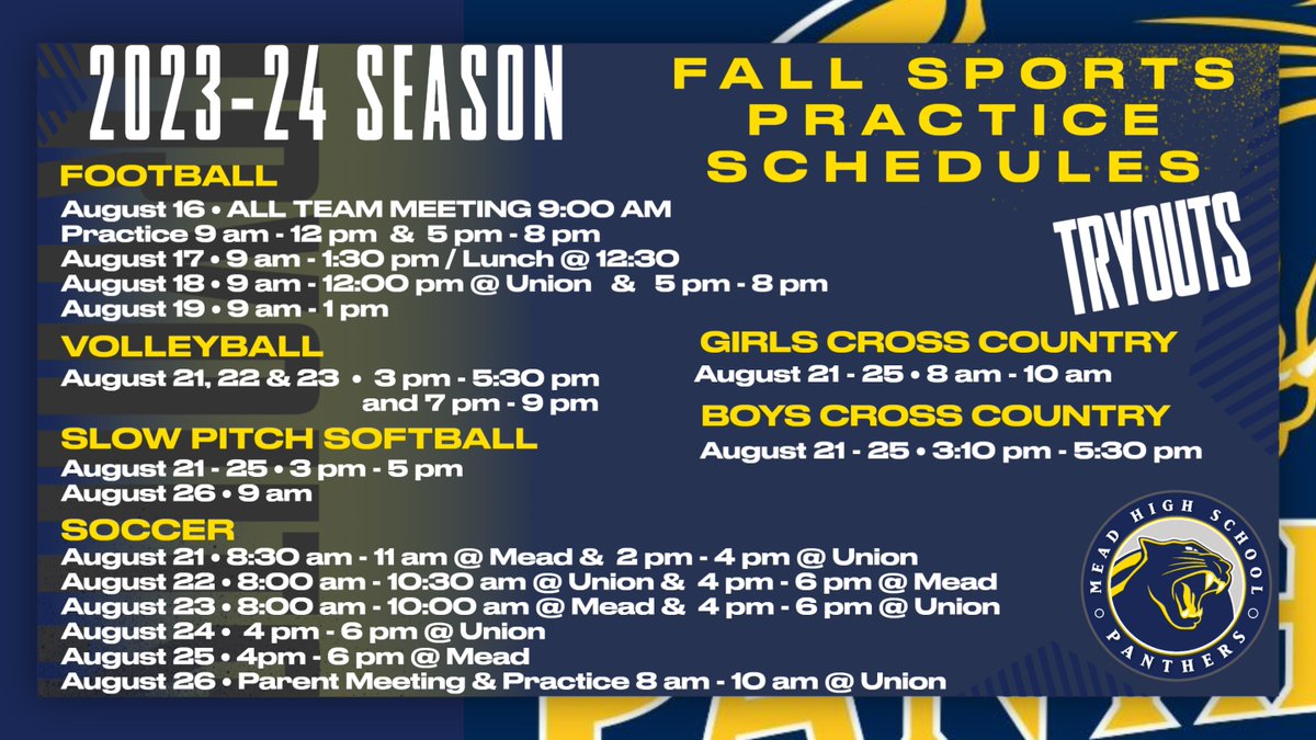 MEAD_ATHLETICS's tweet photo. PANTHERS . . .Fall Sports @MeadHighSchool are just around the corner - Football, Girls Soccer, Volleyball, Slow Pitch Softball and Boys &amp; Girls XC . . .
For Information &amp; Registration - Go to https://t.co/BRfEhdRKF5
Start Dates and Practices Below - 🏈⚽️🏐🥎🏃‍♂️🏃‍♀️
@meadschools https://t.co/mX5RQfepWM