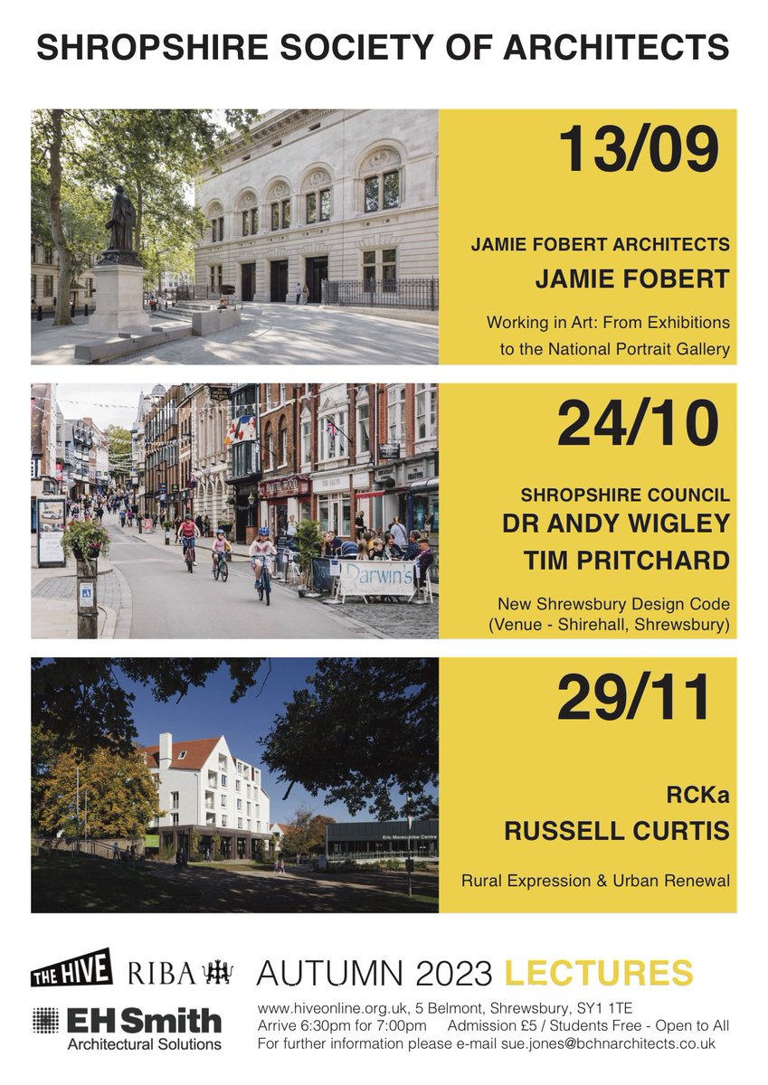 Delighted to announce another terrific line-up for our Autumn 2023 Lecture Series sponsored by @EHSmithACP @JamieFobertArch @ShropCouncil @rckarchitects @RIBAWestMids