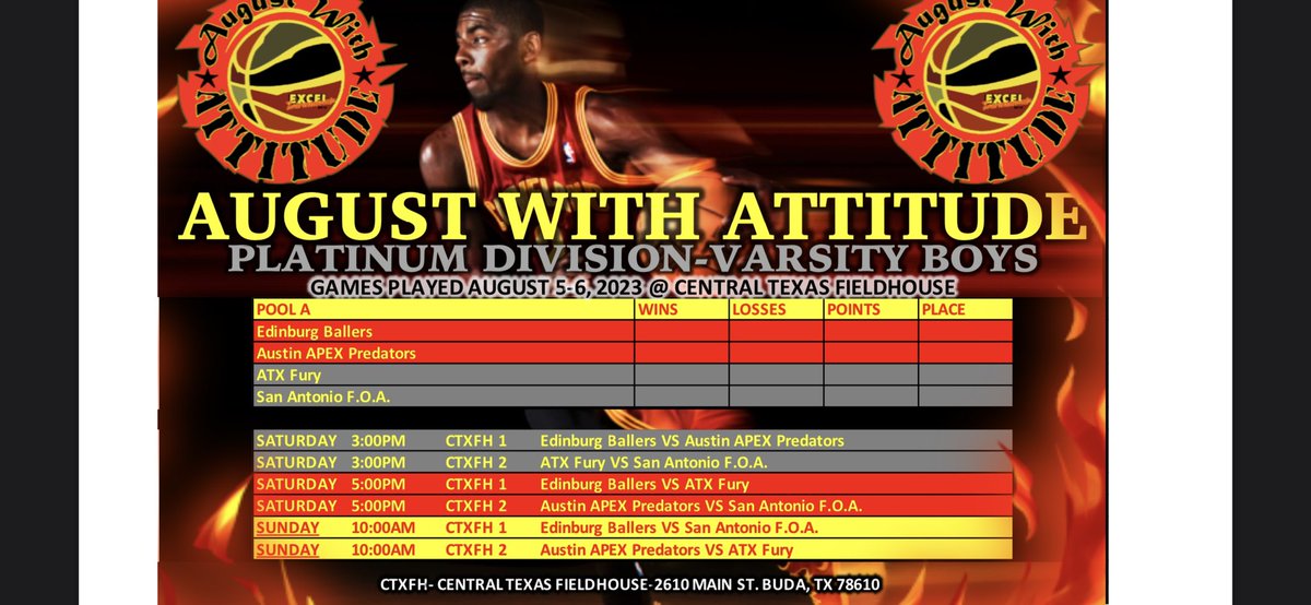 My pool play schedule for this weekends <a href="/ExcelTournament/">Excel Tournaments</a> August with Attitude tournament!! <a href="/KTXApxPredators/">Apex Predators</a>