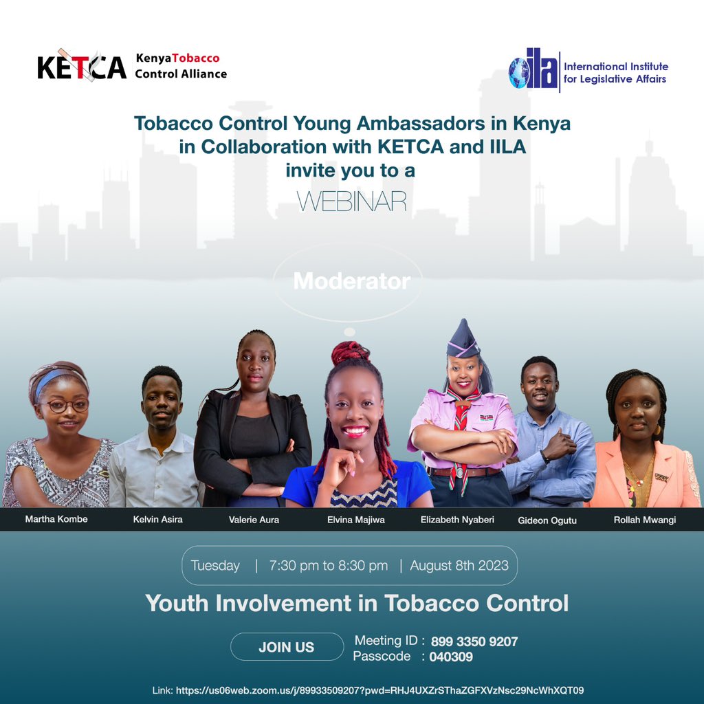 Join me next week as I moderate the Webinar by Tobacco Control Young Ambassadors 🇰🇪 🌍
For Youth 
By Youth 

⏳Tuesday, August 8th 2023 

Karibuni 🤗

#AfricaNoTobacco 
#TobaccoFreeKE 
#NoToNicotinePouches 

💻 Link: us06web.zoom.us/j/89933509207?…