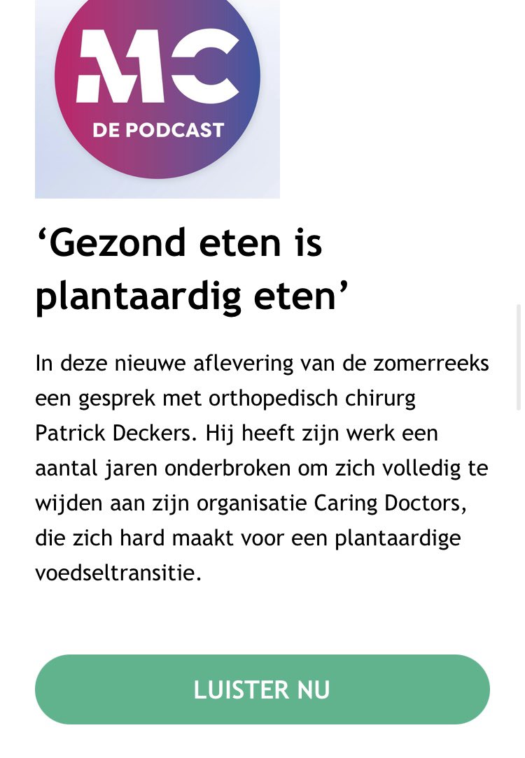 #podcast #plantaardig @medischcontact 
👉Gesprek met orthopedisch chirurg Patrick Deckers. Geinterviewd door gynaecoloog Bertho Nieboer en hoofdredacteur van Medisch Contact.
Deckers zet zich in met zijn org. <a href="/CaringDoctors/">Caring Doctors</a> voor een plantaardige voedseltransitie. Link in reacties