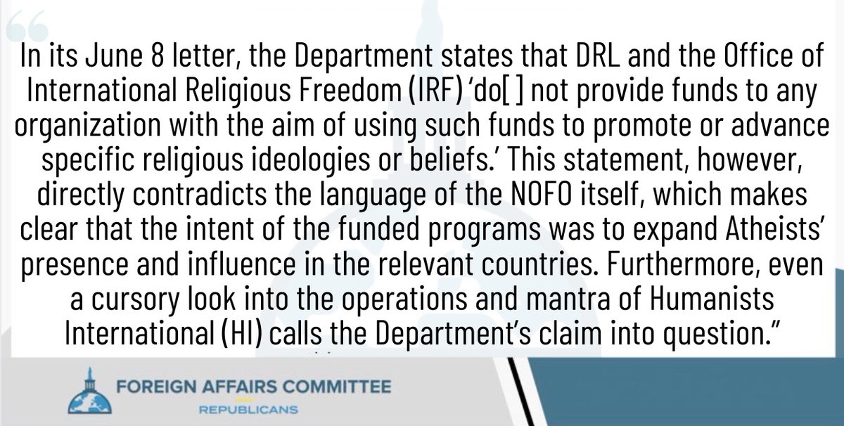 HouseForeignGOP's tweet photo. CHM @RepMcCaul, #RepChrisSmith, &amp; @RepBrianMast sent a letter to @StateDept following continued noncompliance with document requests on the department’s misguided decision to promote atheism overseas. Read an excerpt from the letter⬇️ https://t.co/4yK6n7n1J0