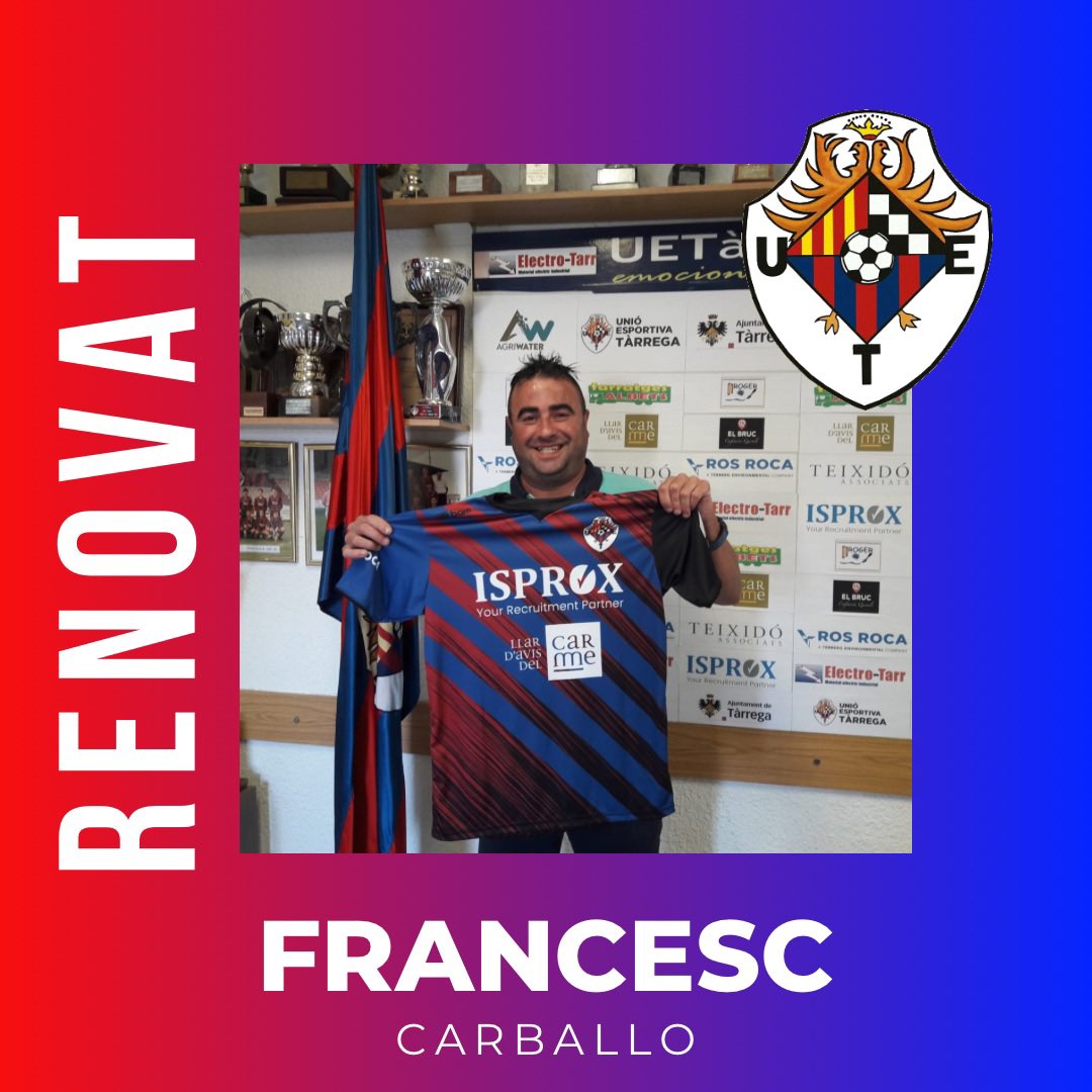 ‼️📣COMUNICAT OFICIAL 📣‼️

Francesc Carballo renova una temporada més com a delegat de la Unió Esportiva Tàrrega.. 
 
Molta sort i encerts en aquesta nova temporada. ⚽️💪🏽

Som-hi 🔵🔴

#forçatarrega #1cat2 #1cat