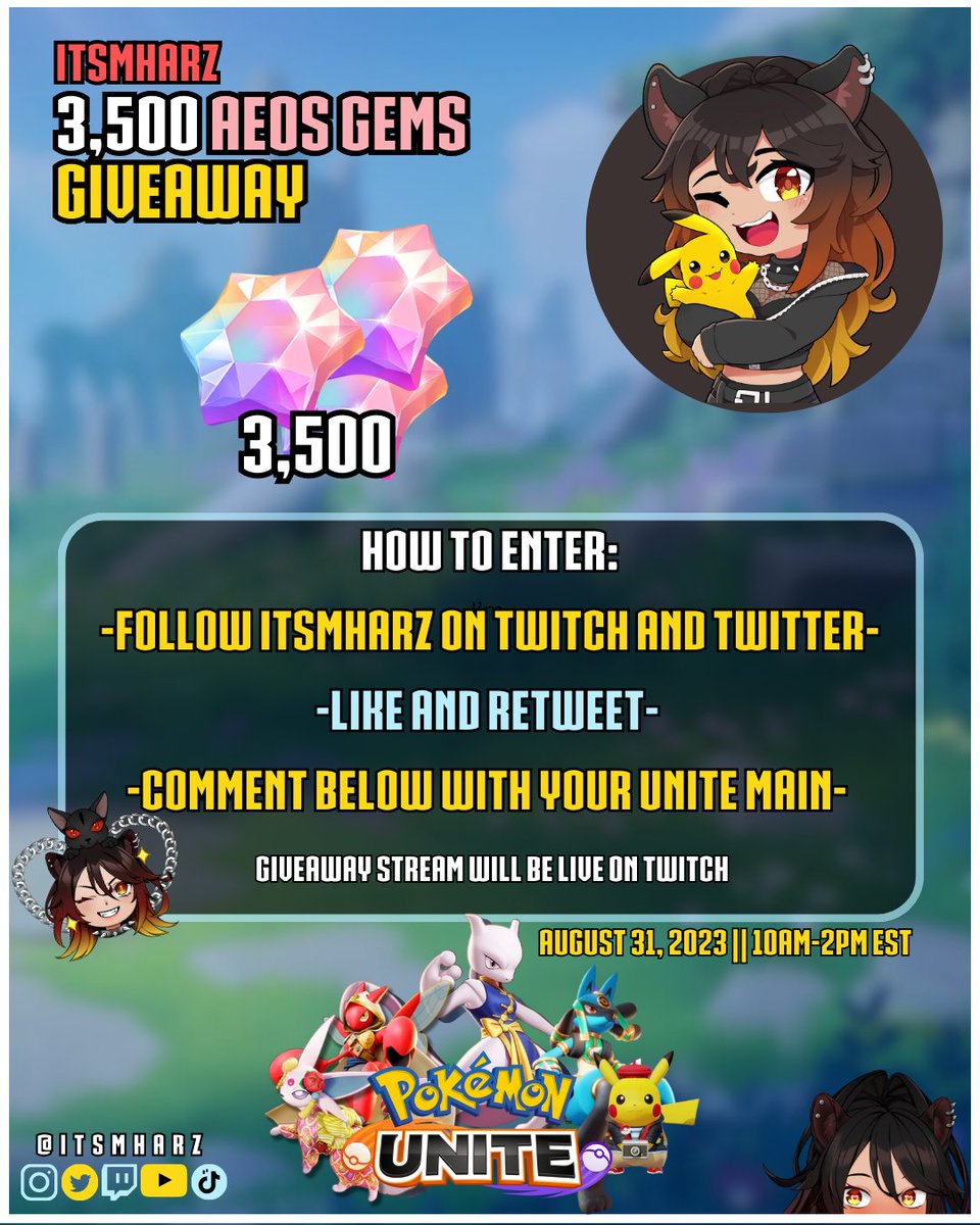 🎁GIVEAWAY ALERT🎁

Thank you for being an absolute blessing in the community and I want to give back!

We’ll be giving away 3500 Aeos Gems 

Here’s how to enter:
✅Follow
✅Like and Retweet
✅Comment Your Unite Main 

#PokemonUNITE #ENVtuber
