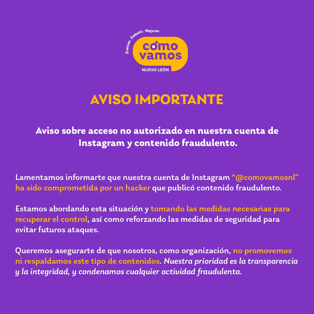verificado_mx's tweet photo. ⚠️Un comunicado de @comovamosnl, luego del hackeo de su cuenta de #nstagram. https://t.co/xvMaUoQVKR