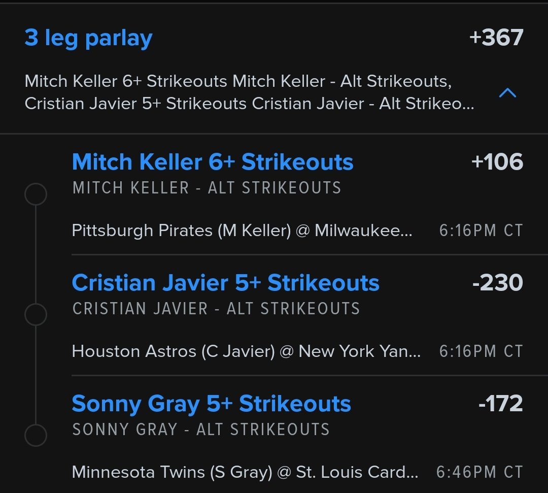 PFluff15's tweet photo. K's parlay and 2 hit parlays!

Let's get this money 💰 
@CappCollective https://t.co/VptPB7bRoc