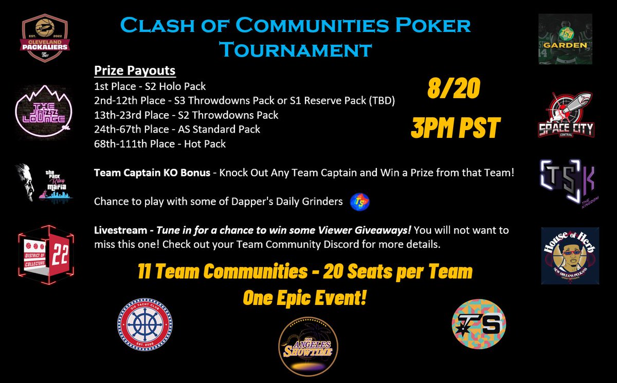 It’s time to resurrect the Clash of Communities Poker Event! 🚀 11 <a href="/NBATopShot/">NBA Top Shot</a> Team Communities will combine forces to host the Biggest Poker Event of the Year! 🔥 Only 1 community can come out on top 🏆 Who will become legendary? Tune in on 8/20 to find out! 👀🫶