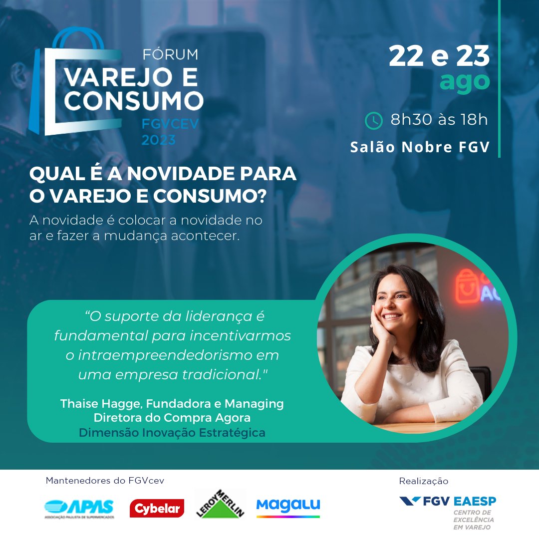 FGVcev's tweet photo. Thaise Hagge, Fundadora e Managing Diretora do Compra Agora, estará presente no Fórum Varejo e Consumo 2023 para compartilhar conosco a trajetória da Compra Certa!
Participe: https://t.co/kpNfdyJqzz https://t.co/VPZJsnTdli