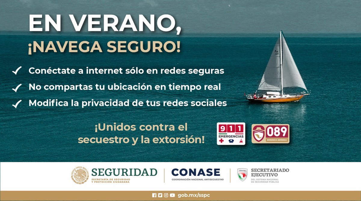 SSC_CDMX's tweet photo. #EnVerano | Hagamos frente al #Secuestro y la #Extrosión, no difundas datos personales en tus redes sociales; no olvides reportar al 911 o al #089DenunciaAnónima. https://t.co/1v7aNldic4